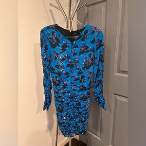 Zara Bright Blue Floral Ruched Long-Sleeve Dress